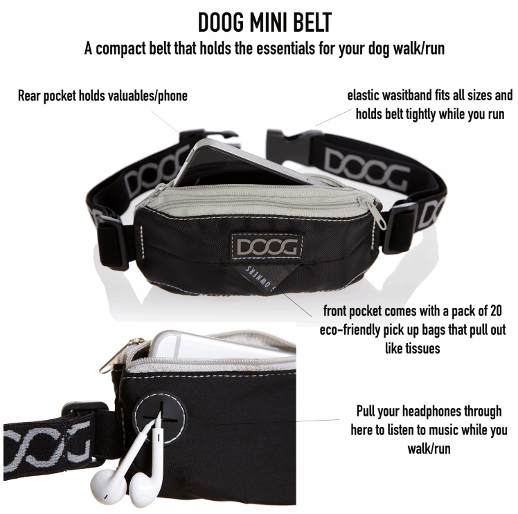 A black Doog mini running belt with a phone pocket, elastic waistband, and poop bag dispenser.