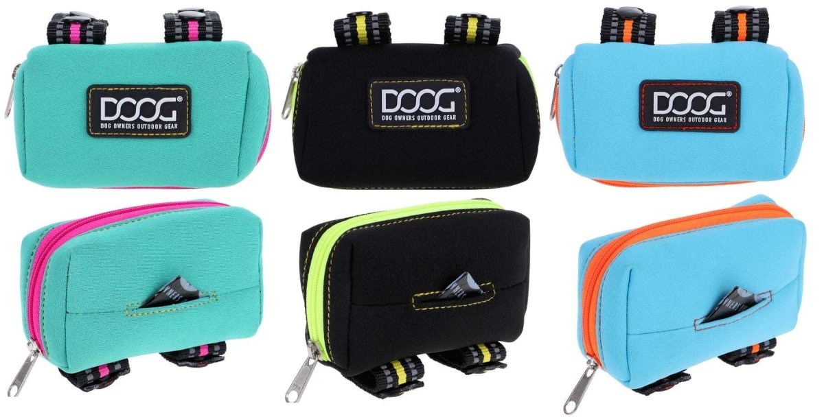 Three Doog neoprene walkie pouches in teal, black, and blue, each with a poop bag dispenser slot.