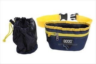 A navy and yellow Doog treat pouch with an adjustable waistband and a removable inner lining.
