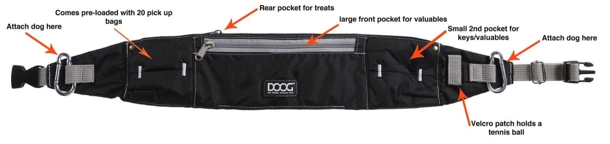 A black Doog Walkie Belt with multiple pockets, carabiners for leashes, and a tennis ball holder.