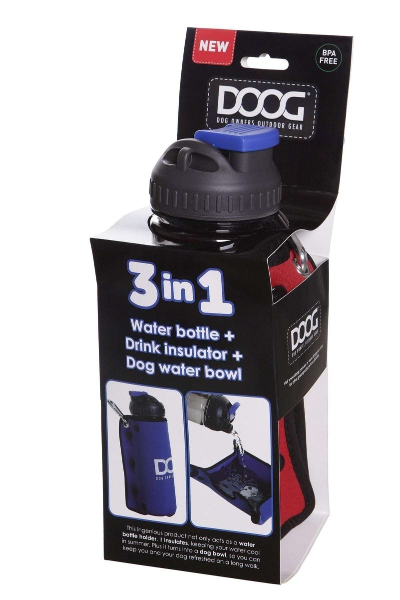 A Doog 3-in-1 water bottle with a detachable neoprene bowl and carabiner in its retail packaging.