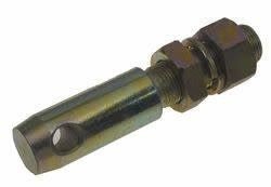 A yellow zinc-plated adjustable draw pin with a hole at one end and threaded nuts.