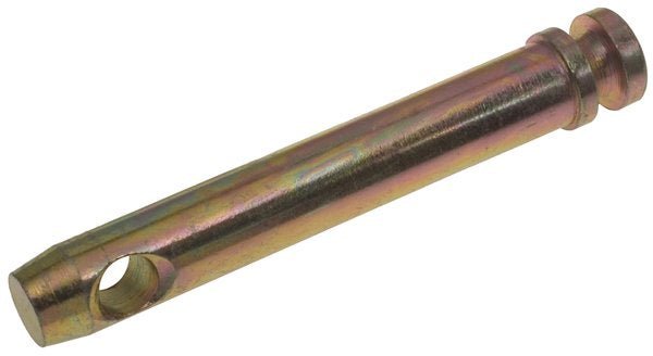 A yellow zinc-plated category 1 tractor top link pin with a hole for a retaining clip.