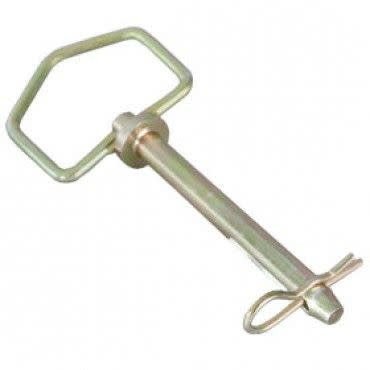 A yellow zinc-plated hitch pin with a swivel handle and a retaining clip.