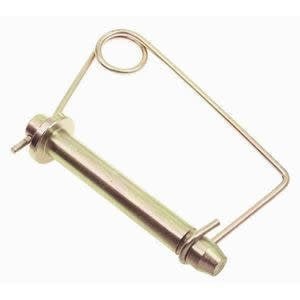 A yellow zinc-plated hitch pin with a spring-loaded wire clip for secure fastening.