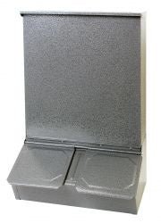 A heavy-duty steel double hog feeder with two feed doors and a top-loading lid.