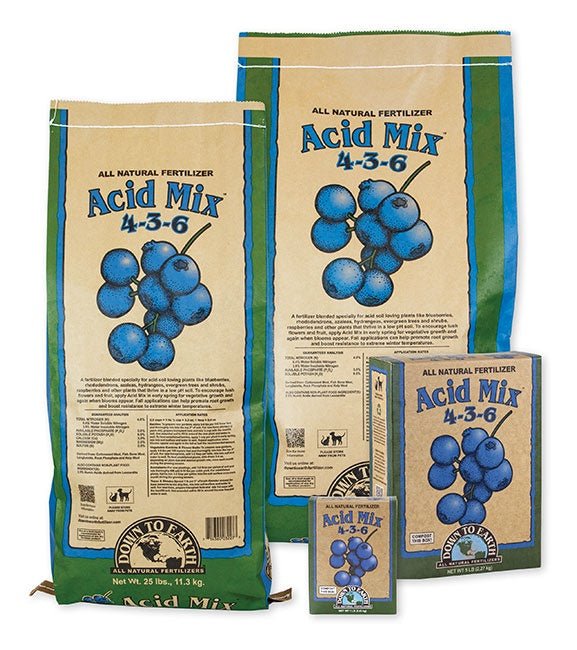 Down To Earth Acid Mix fertilizer in various bag and box sizes featuring a blueberry illustration.