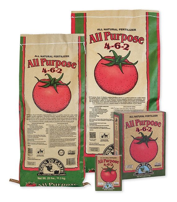 Four different sizes of Down to Earth All Purpose 4-6-2 fertilizer packaging featuring a tomato.