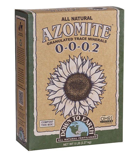 A five-pound box of Down To Earth Azomite granulated trace minerals with a sunflower illustration.