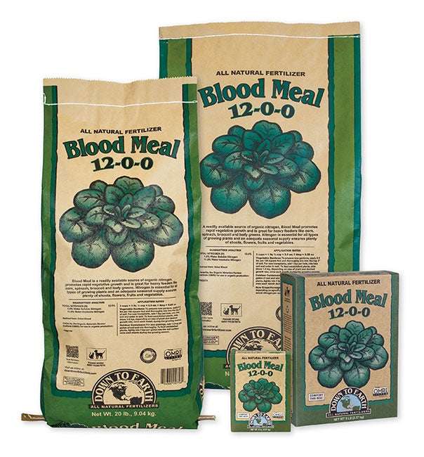 Four different sizes of Down to Earth Blood Meal fertilizer bags and boxes on a white background.