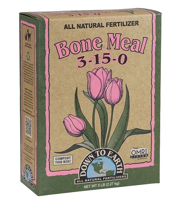 A five-pound box of Down to Earth Bone Meal 3-15-0 fertilizer featuring a pink tulip illustration.