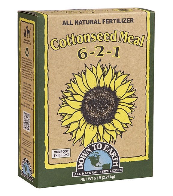A five-pound box of Down to Earth Cottonseed Meal fertilizer featuring a sunflower illustration.