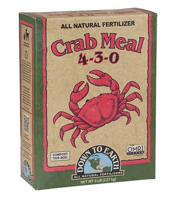 A five-pound box of Down to Earth Crab Meal fertilizer with a red crab illustration.