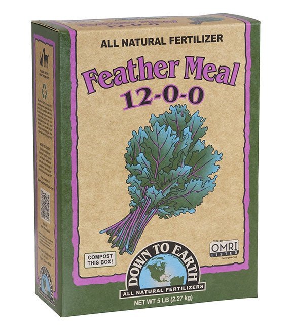 A five-pound box of Down to Earth Feather Meal 12-0-0 organic fertilizer.