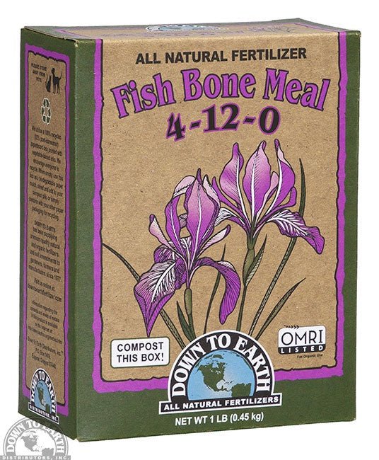 A one-pound box of Down to Earth Fish Bone Meal fertilizer with an illustration of purple irises.
