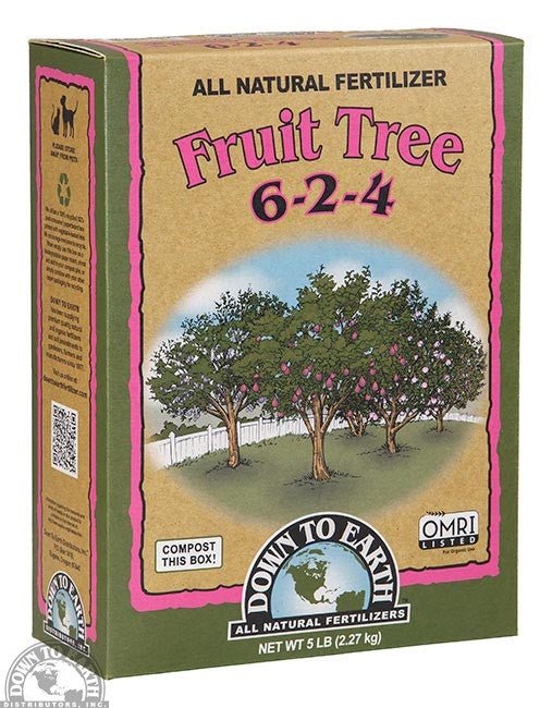 A five-pound box of Down to Earth Fruit Tree 6-2-4 all-natural fertilizer.