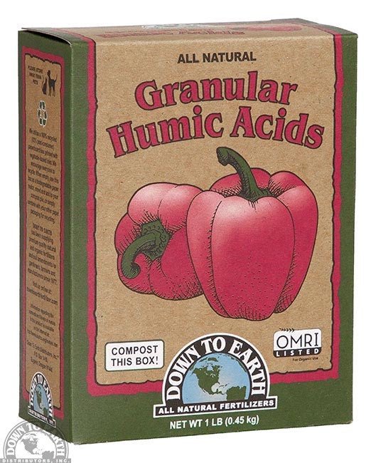 A one-pound box of Down to Earth Granular Humic Acids featuring an illustration of red peppers.