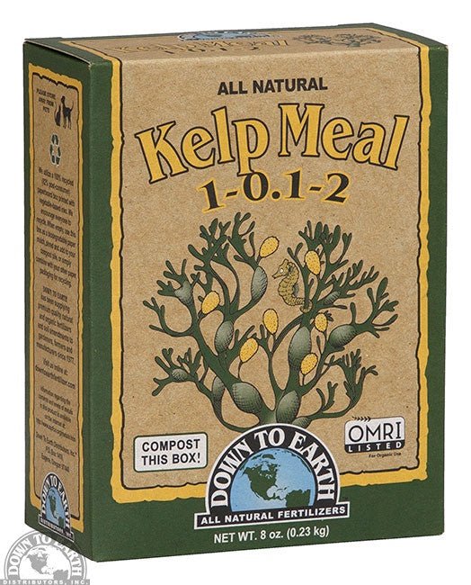 An eight-ounce box of Down To Earth Kelp Meal fertilizer with a seahorse illustration.
