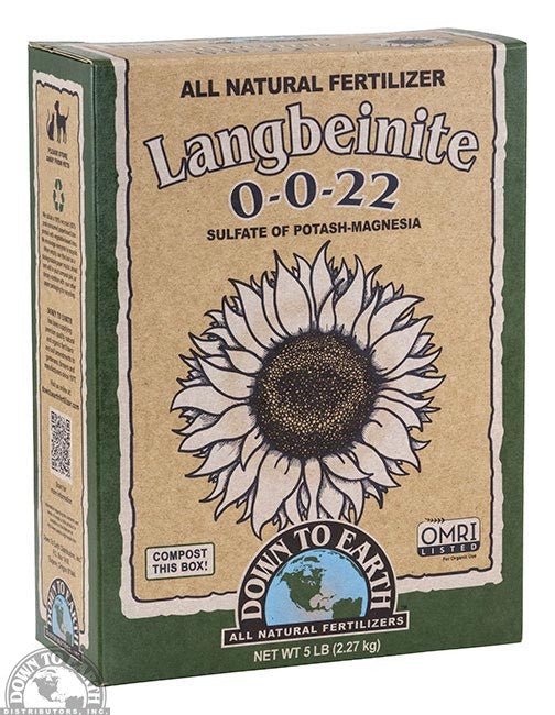A five-pound box of Down to Earth Langbeinite 0-0-22 fertilizer featuring a sunflower illustration.