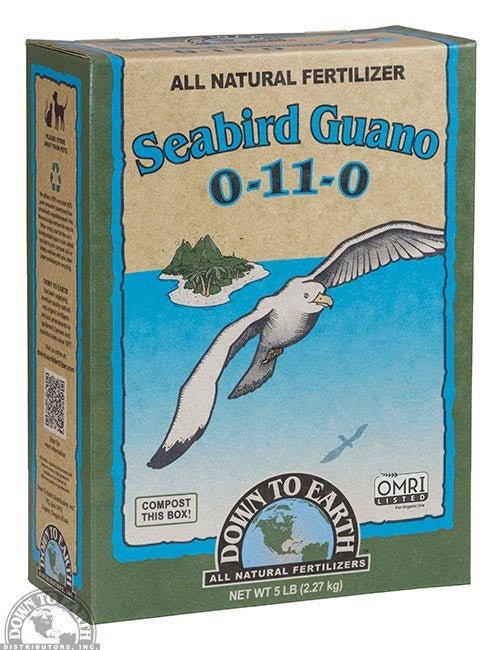 A five-pound box of Down to Earth Seabird Guano 0-11-0 all-natural fertilizer.