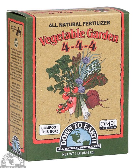 A one-pound box of Down to Earth Vegetable Garden 4-4-4 all-natural fertilizer.