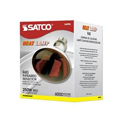 A Satco 250 watt red R40 infrared heat lamp bulb in its product packaging.