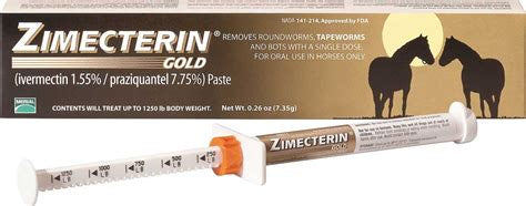 A Zimecterin Gold equine dewormer paste syringe with its product box.