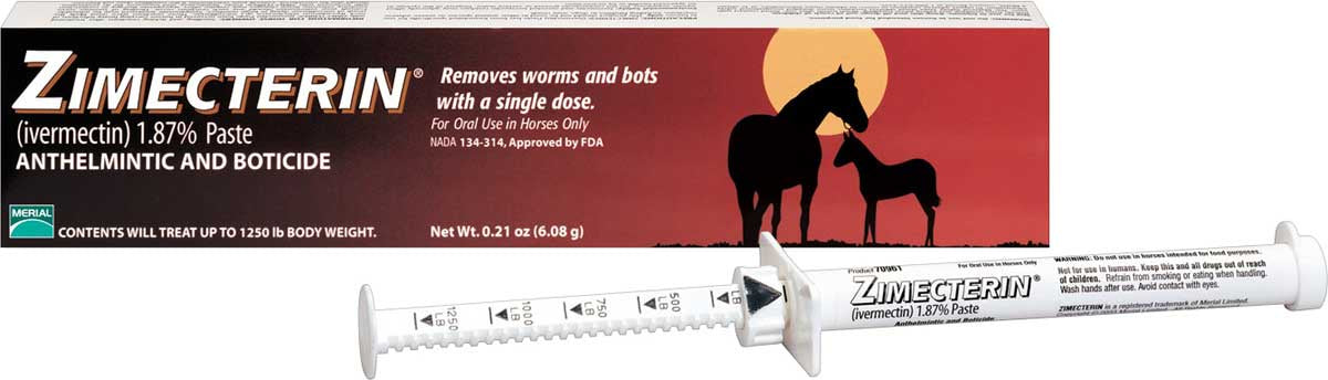 A box and a syringe of Zimecterin equine dewormer paste containing 1.87 percent ivermectin.