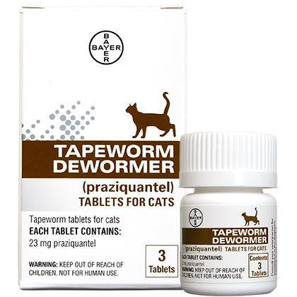 Bayer Tapeworm Dewormer for cats in a white box and bottle containing three tablets.