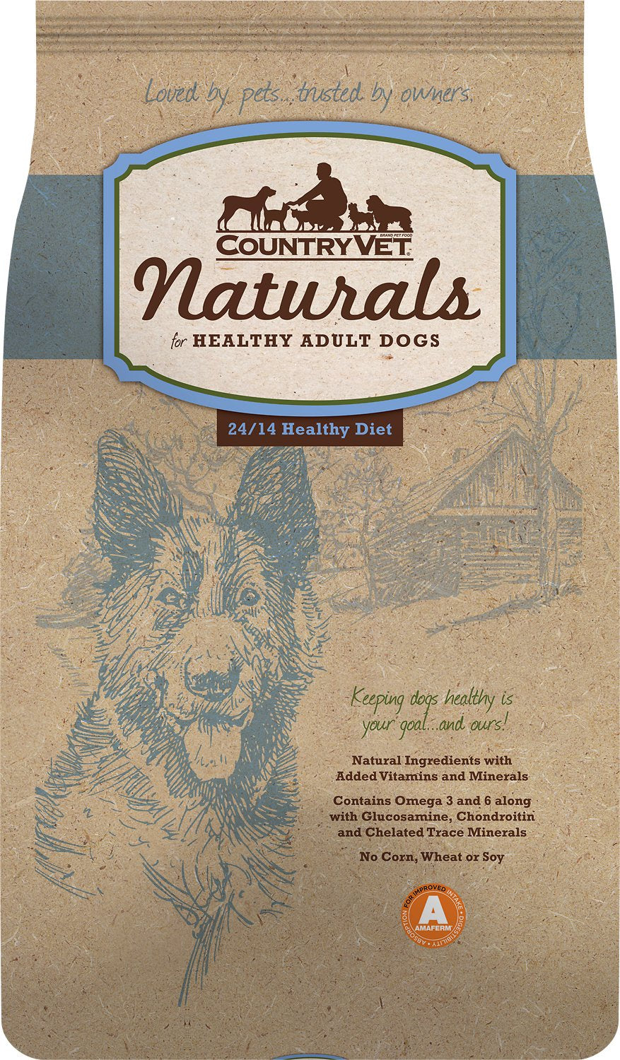 A bag of Country Vet Naturals 24/14 healthy adult dog food with a sketch of a dog on the front.
