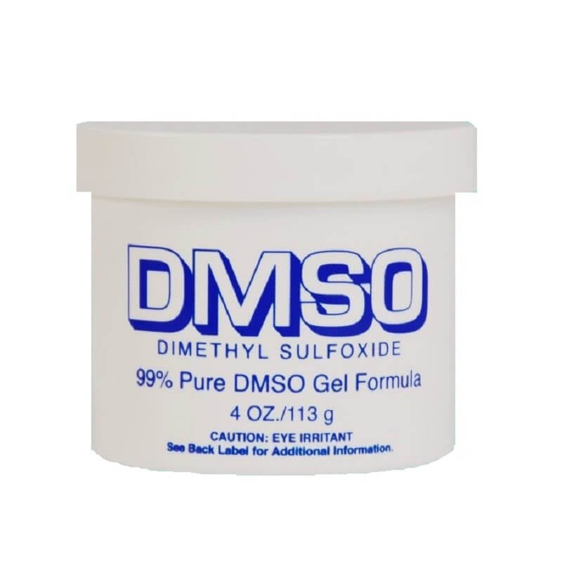 A white jar of DMSO gel with a blue label indicating a 99 percent pure formula.