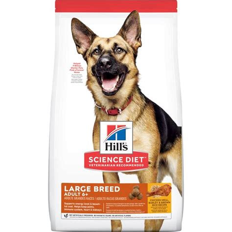 A bag of Hill's Science Diet Adult 6+ Large Breed dry dog food featuring a German Shepherd.