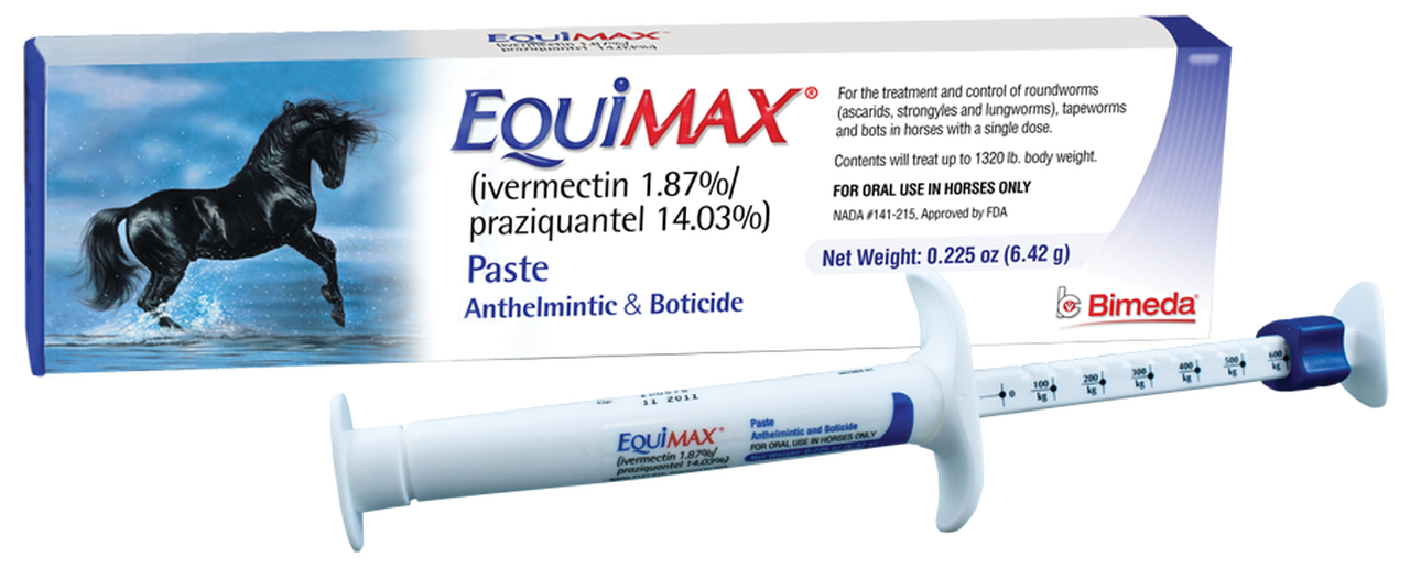 Equimax equine dewormer paste in a graduated syringe with its product box.