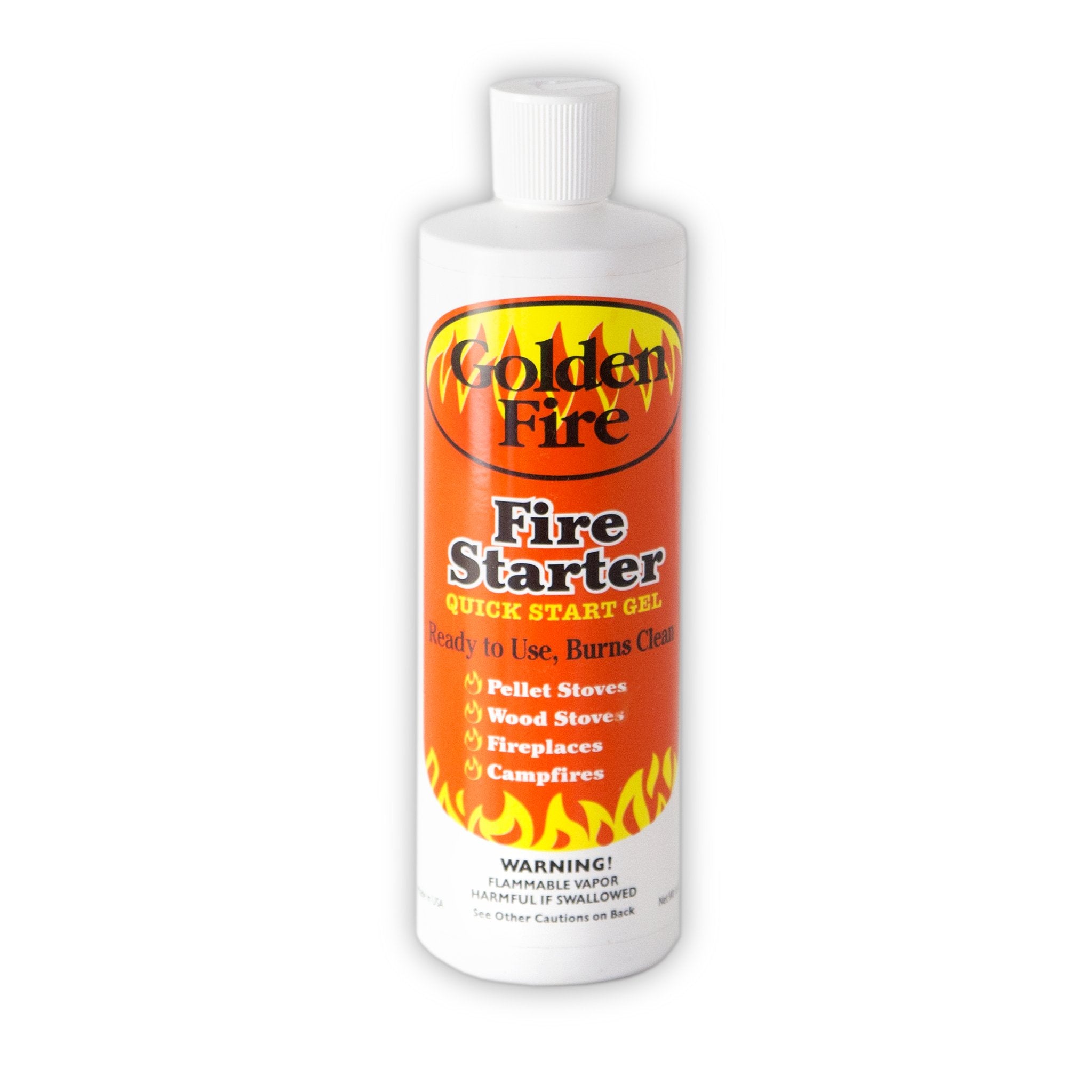 A white plastic bottle of Golden Fire Starter gel with an orange label featuring flame graphics.