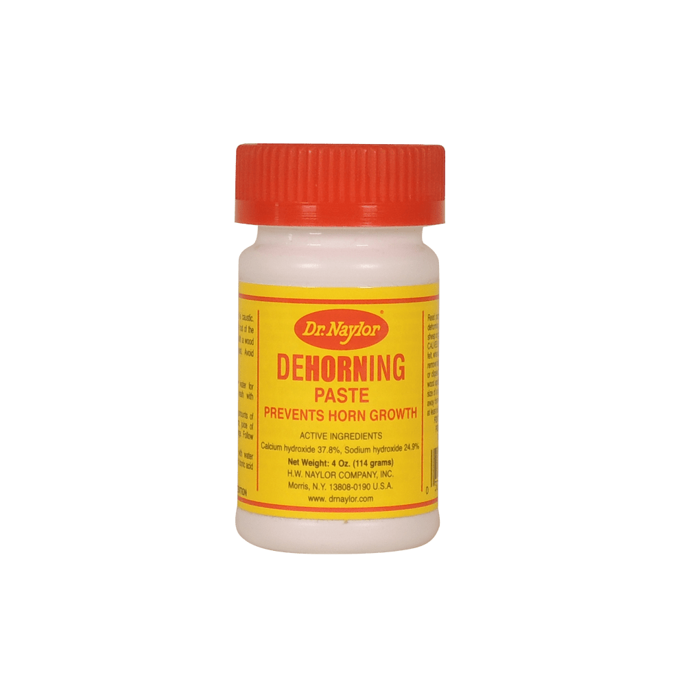A four-ounce bottle of Dr. Naylor Dehorning Paste with a red cap and yellow label.