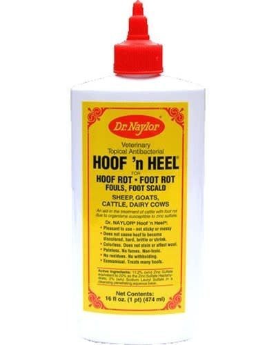 A 16-ounce bottle of Dr. Naylor Hoof n' Heel topical antibacterial treatment for livestock.