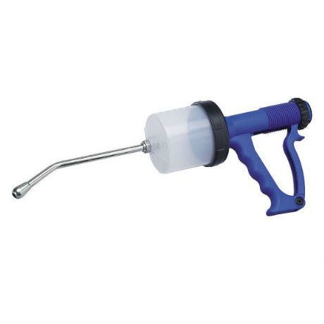 A 200 ml drench gun with a blue ergonomic handle, clear barrel, and metal cannula.