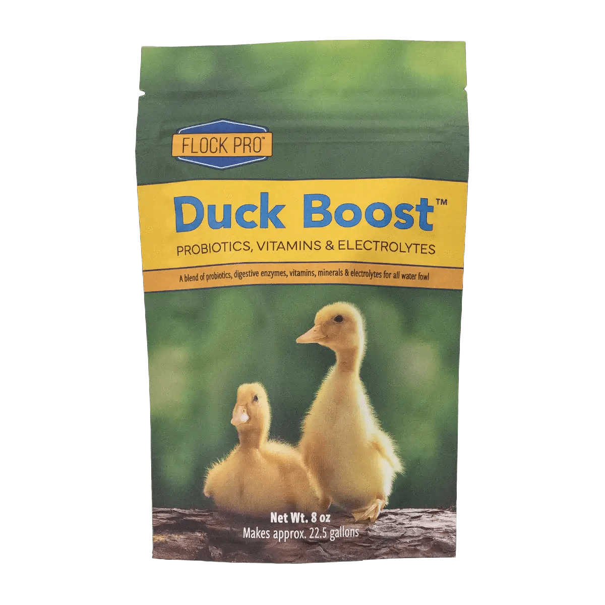 An 8oz bag of Flock Pro Duck Boost supplement featuring two ducklings on the packaging.