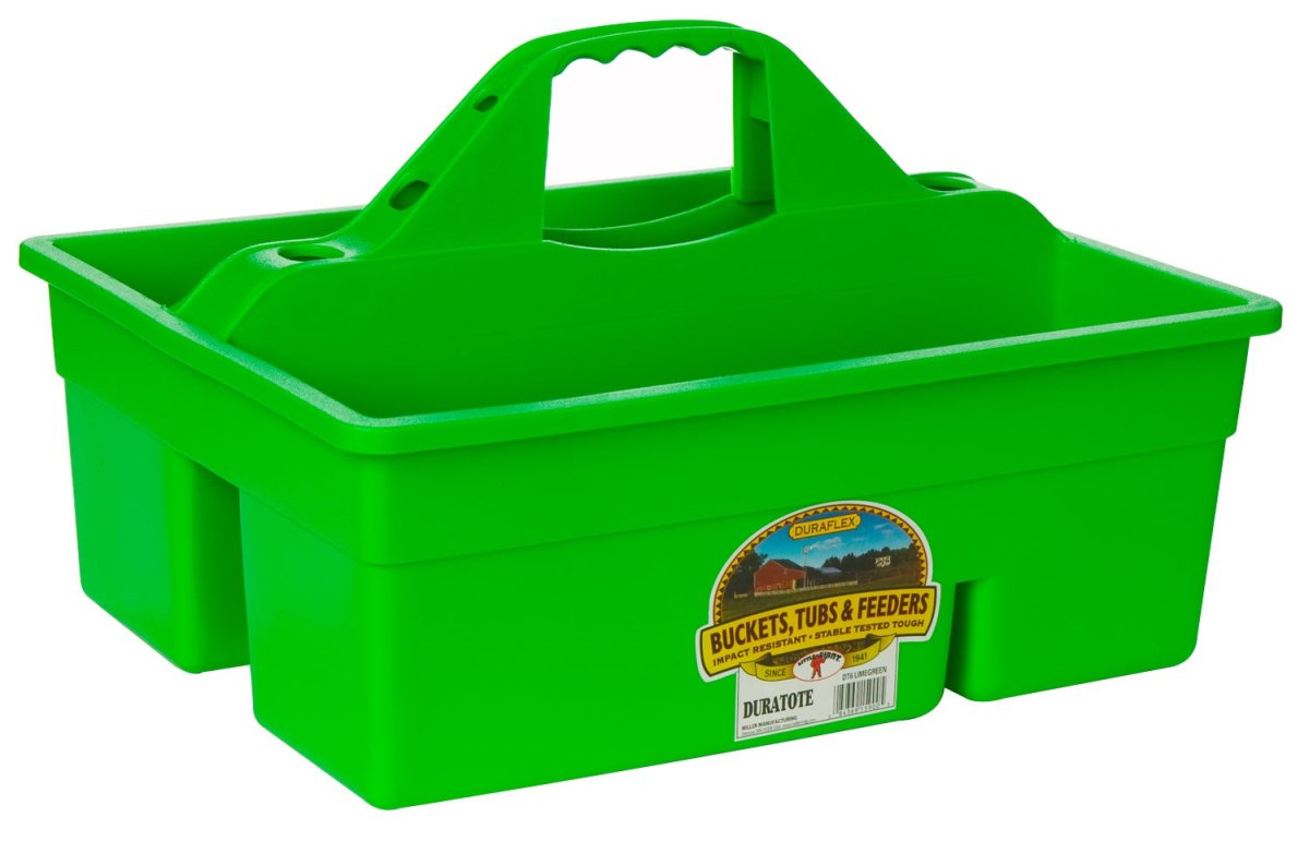 A lime green plastic storage tote with a central handle and multiple compartments.