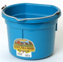 A blue eight-quart flat-back plastic bucket with a metal handle for hanging.
