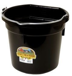 A black 20-quart flatback plastic bucket with a metal wire handle.
