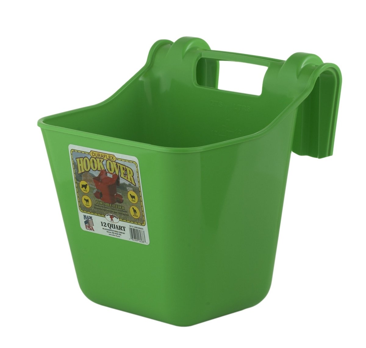 A lime green 12-quart Duraflex hook-over portable feeder with a molded-in mounting bracket.