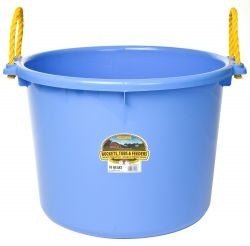 A light blue 70-quart muck bucket with two yellow rope handles.
