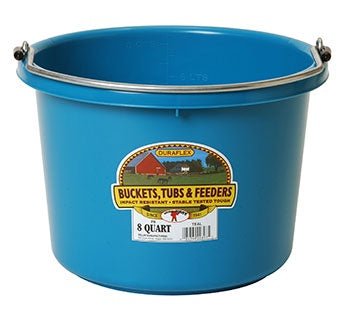 A teal 8-quart round plastic bucket with a heavy-duty wire bail handle.