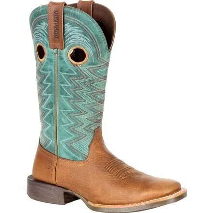 A wheat and tidal teal full-grain leather western boot with a square toe and rocker heel.