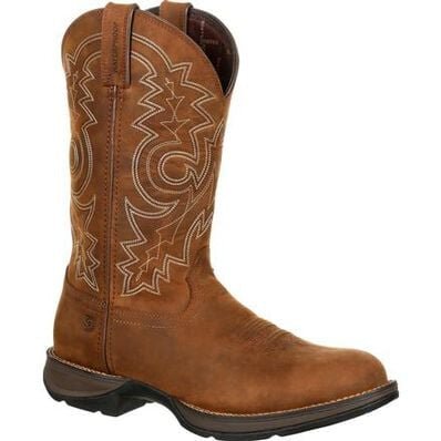 A brown leather Durango Rebel round toe western boot with decorative stitching on the shaft.