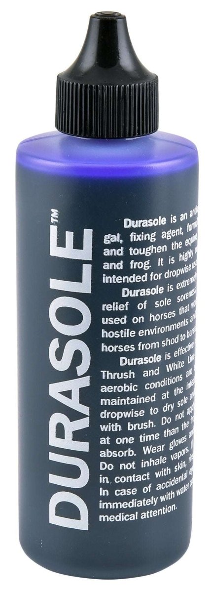 A four-ounce bottle of Durasole sole hardener with a black applicator cap.