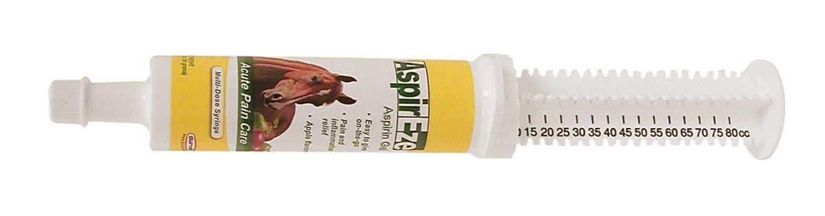 An 80cc dial-a-dose syringe of Durvet AspirEze apple-flavored equine pain relief gel.