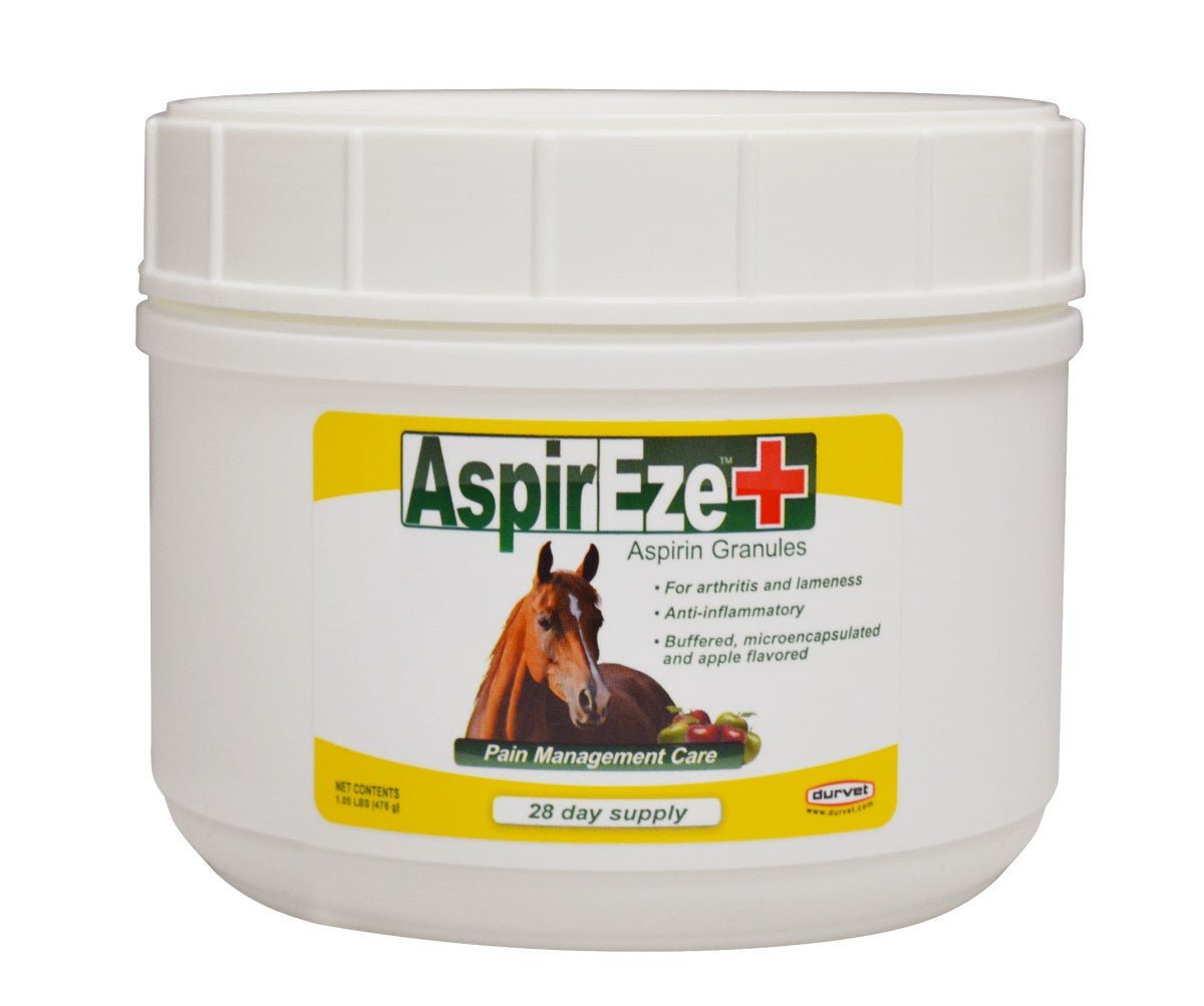 A white plastic tub of Durvet AspirEze+ apple-flavored aspirin granules for horses.