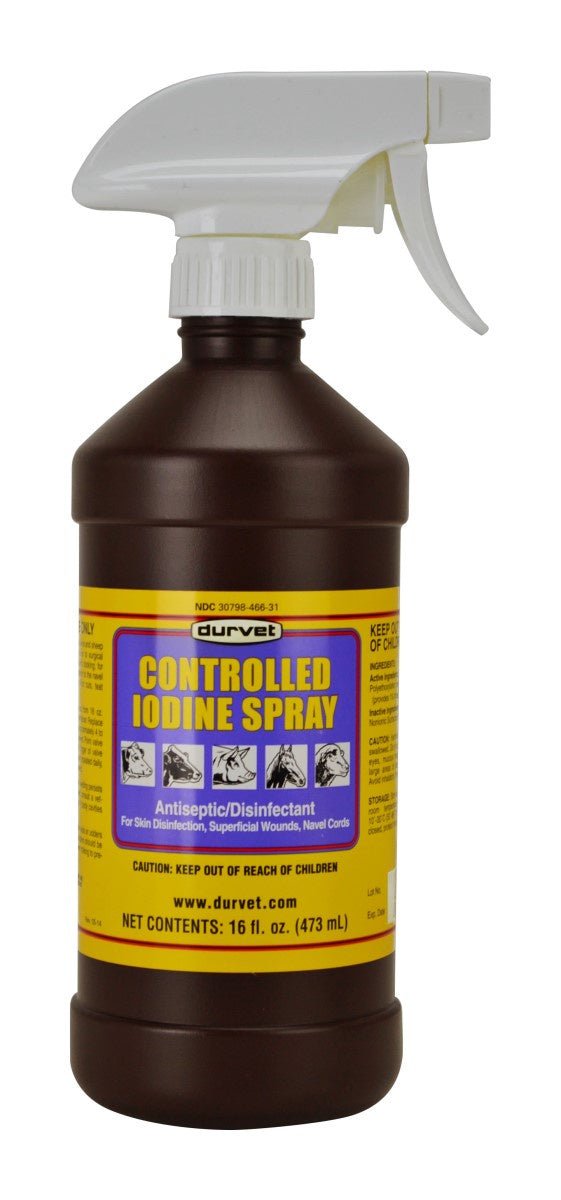 A brown plastic bottle of Durvet Controlled Iodine Spray with a white trigger sprayer.